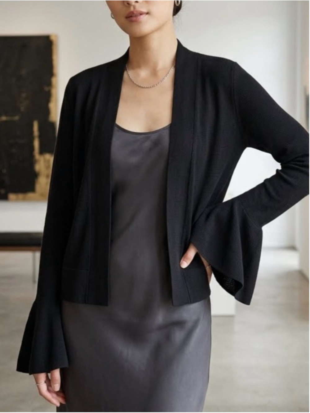 Cyrus Black Open Front Crop Cardigan Sweaters Fluted Bell Sleeve Layering 1778